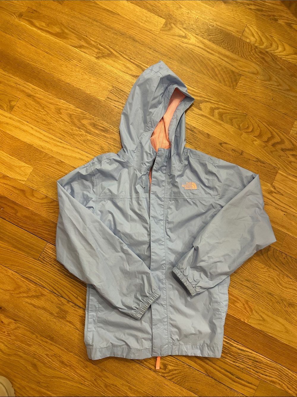 The North Face Pale Blue Hooded Jacket with Coral Interior Size 14/16